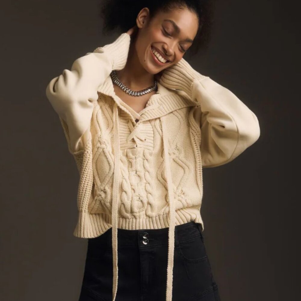 Anthropologie Pilcro Cable Laced Twofer Sweater cream sweatshirt s small collar